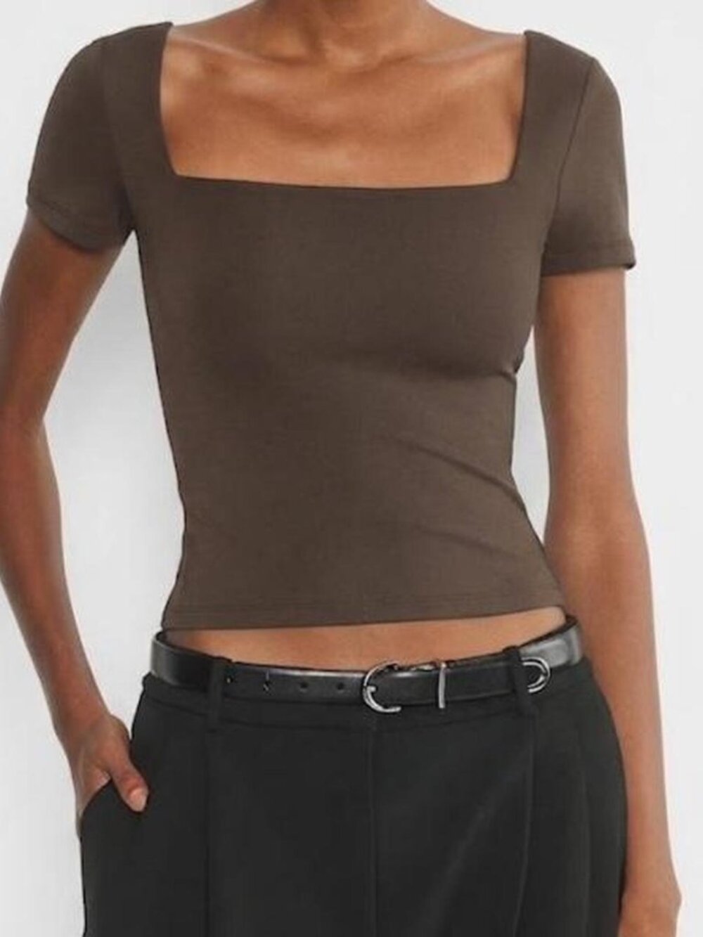 ✰ babaton (aritzia) original contour squareneck t-shirt in rich mocha brown ✰